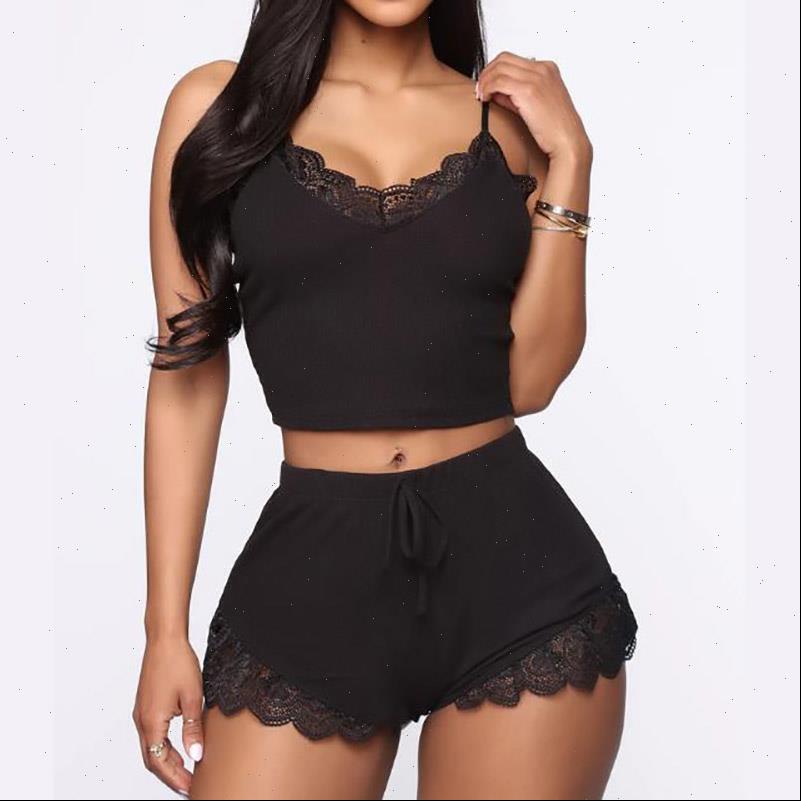 

Lingerie Homewear set Sets Womens Sleepwears Summer Crop Tops Camis Shorts Nightwear Pyjamas Casual Solid Ladies Sexy Lace Pajama, Black