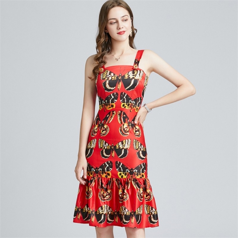 

Fashion Runway Summer Dress Women's Spaghetti Strap Vintage Floral Print Sexy Bodycon Mermaid Party 210519, Photo color