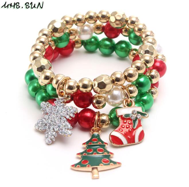 

Cute Children Strands charms Rhinestone Christmas Santa Claus Tree sock Snowflake Tag Design bangles Kid bracelets beads jewelry for party Gift