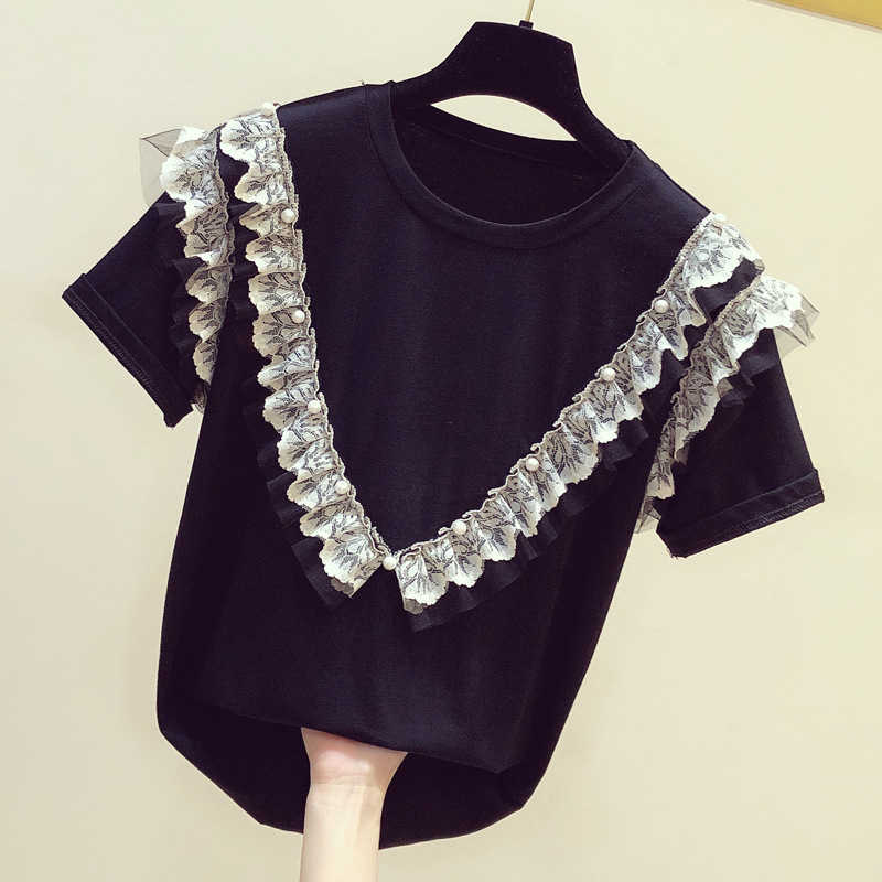 

Summer Black Ruffle Patchwork Top Short Sleeve O Neck T-shirt Women's Fashion 210615
