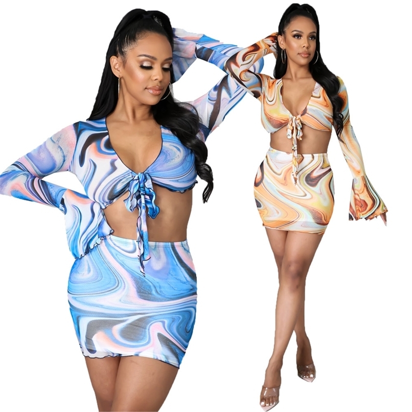 

Sexy See Though 2 Piece Outfits Full Sleeve V-neck Bandage Sling Crop Top Mini Skirt And Set Women Party Club Two 210525, Blue