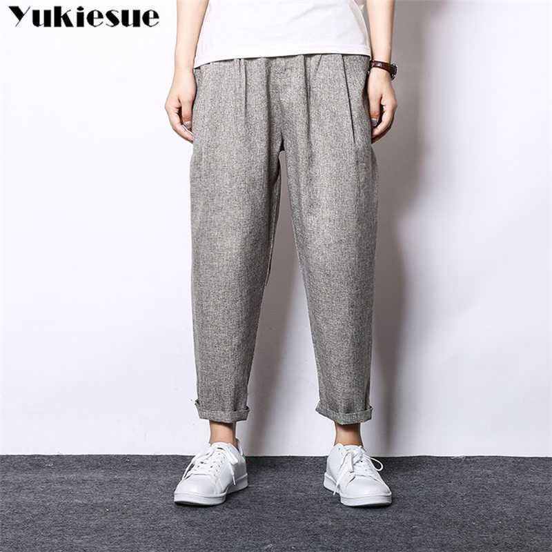 

Chinese Style Solid Cotton Linen Pants Men Trousers Hip Hop Jogger Sweatpants Streetwear loose 210608, Light khaki