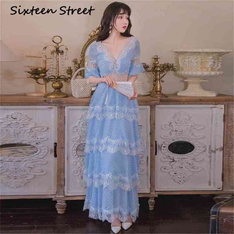 

Summer Beach Dress Woman Short Sleeve V-neck Blue Lace Maxi Female Runway Design White Long Party Bodycon 210603