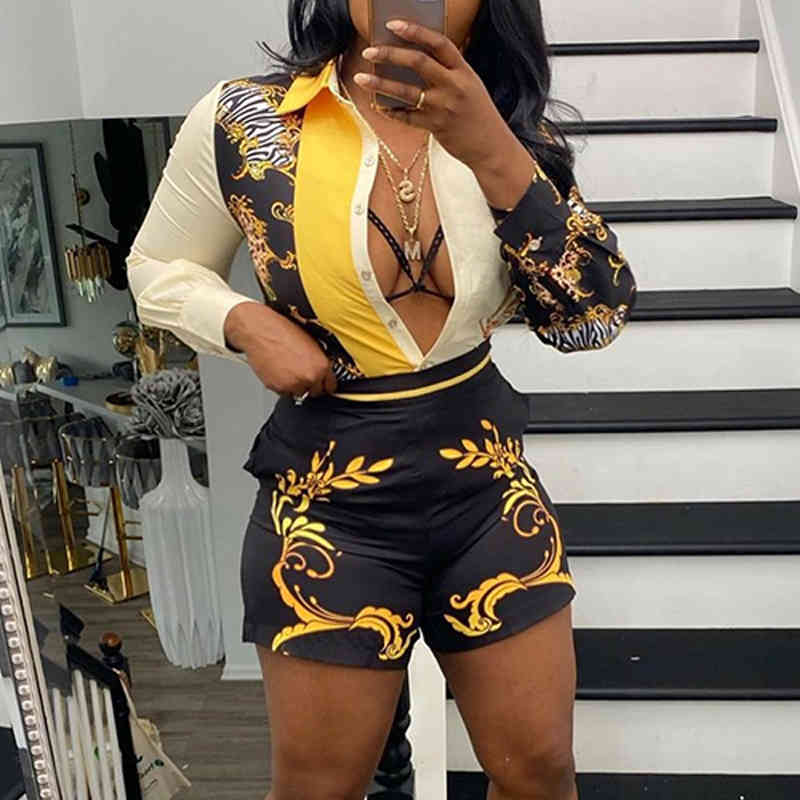 

Two Piece Summer Vintage Shorts Suits Long Sleeve Button Down Shirts Blouse & Regular Shorts Set 210521, Multi