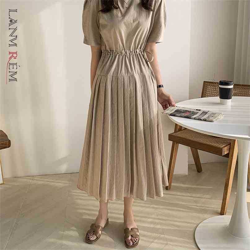 

Women's Drawstring Purple Pleated Long Dress Round Neck Short Sleeve Loose Fit Fashion Trendy Summer 2D1258 210526, Beige