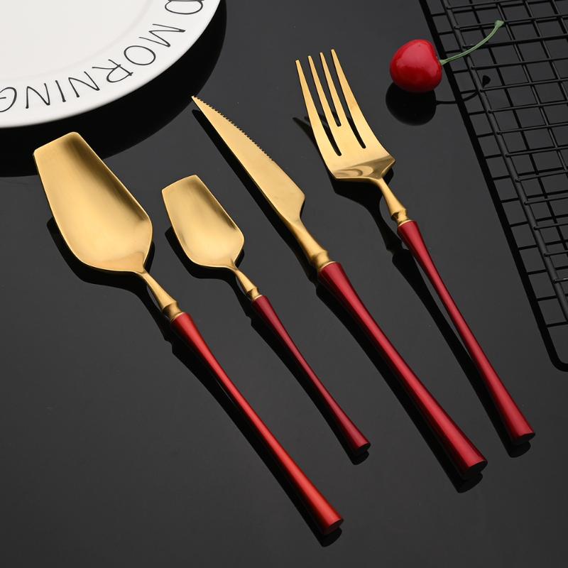 

Flatware Sets Red Gold Matte Cutlery Set 18/10 Stainless Steel Tableware Home Steak Knife Fork Spoon Teaspoon Dinnerware