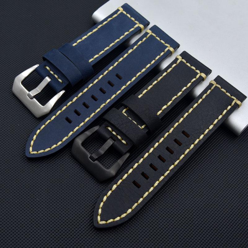 

Watch Bands Blue Black High Quality 20mm 22mm 24mm Genuine Leather Wristwatch Straps For PAM With Stainless Steel Buckle Watchband