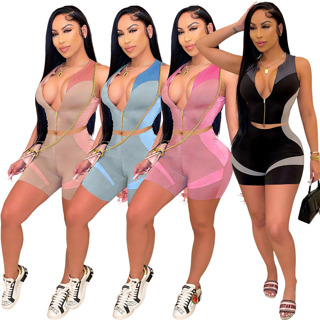 

Casual Dresses Sets for Women Skinny Fashion Printing Tracksuit Zip Sleeveless Crop Top and Biker Shorts Two Piece Matching Set