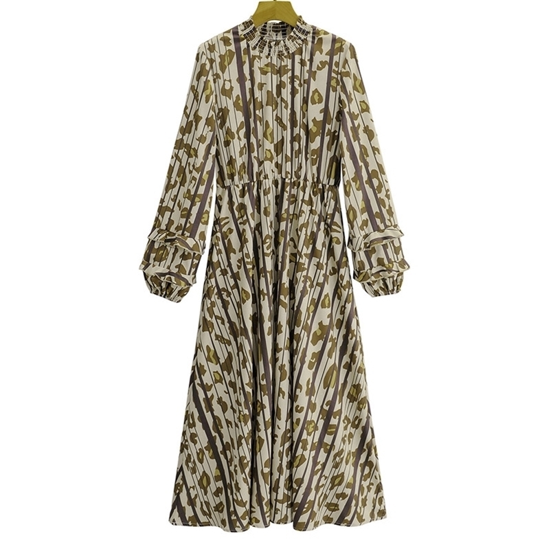 

Summer Spring long sleeve pleated dress Long Section Ladies' O-neck Sleeve Printed Dresses Female Streetwear 210524, Army green