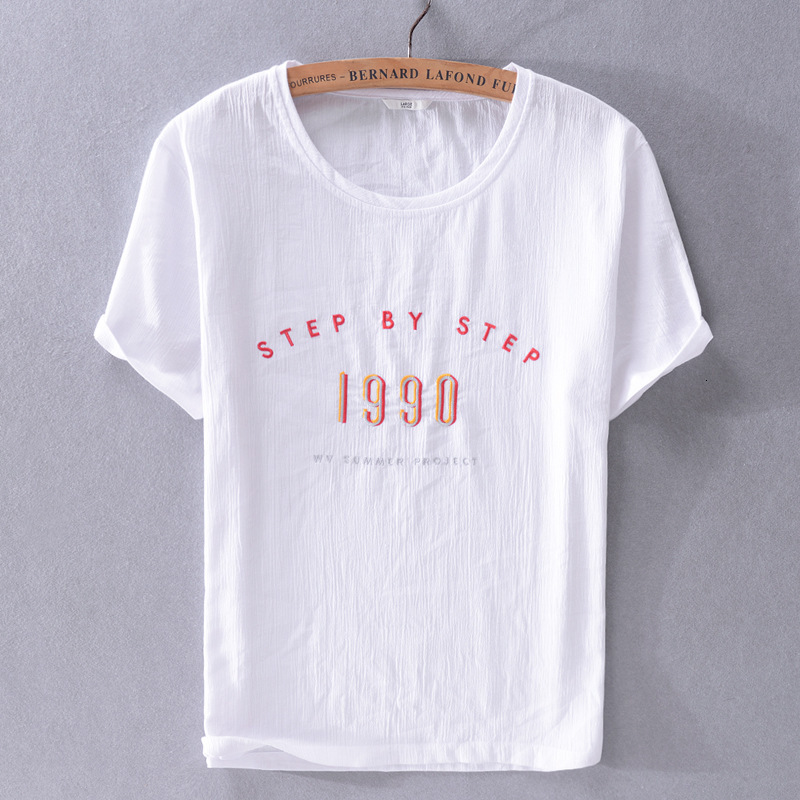 

t shirt youth short sleeve cotton hemp men's letter embroidery round neck easy loose leisure beach breathable men, White;black
