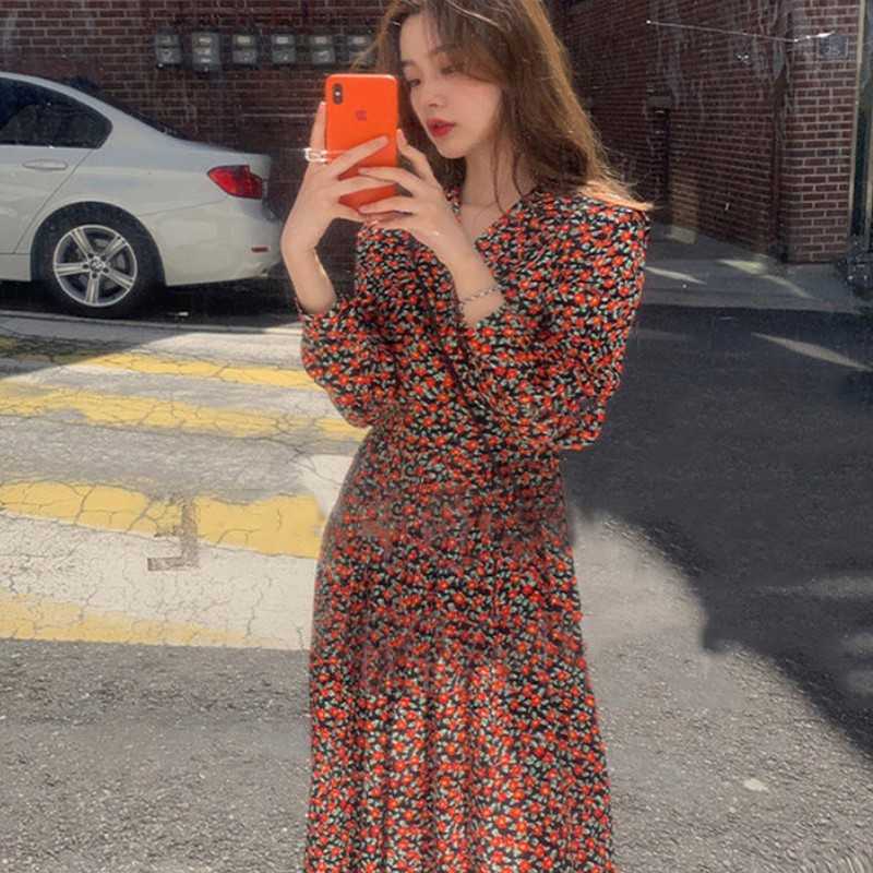 

Vintage V-Neck Female Chiffon Dress Full Sleeve Midi Elegant Casual Floral Print Women Vestidos 210526, Photo color
