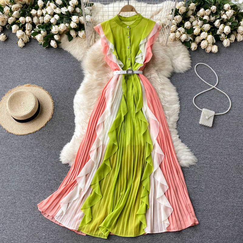 

Summer Women Patchwork Chiffon Long Dress Vintage Round Neck Single Breasted Green/Purple Ruffle Draped Vestidos Female 2021 New Y0603, Orange