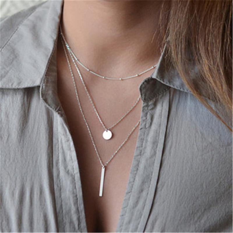 

Chains Multi Layer Boho Long Necklace With Disc Bar Pendant For Women Creative Clavicle Chain Gift Set, Silver