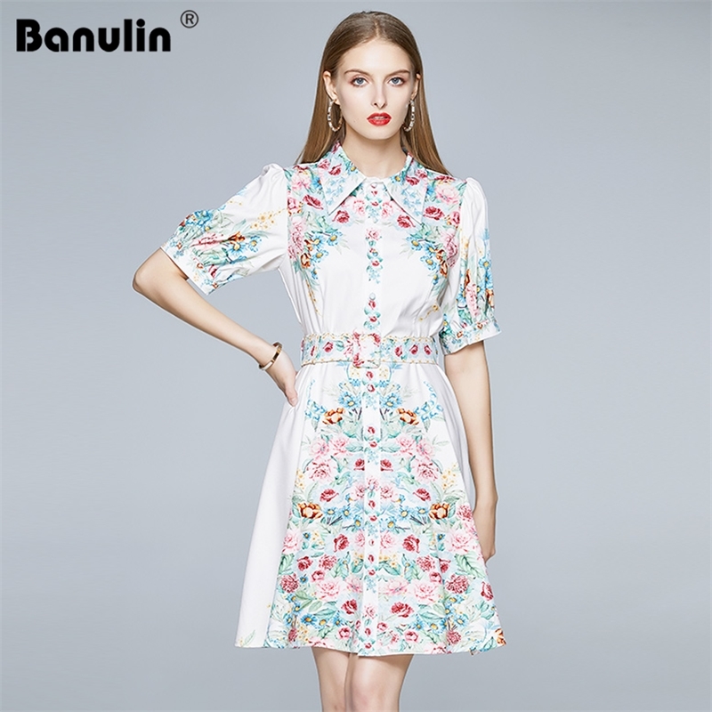 

Banulin Runway Summer Floral Mini Dress Women's Short Sleeve Elegant Flowers Holiday Boho Robe Femme Ete 210603, White