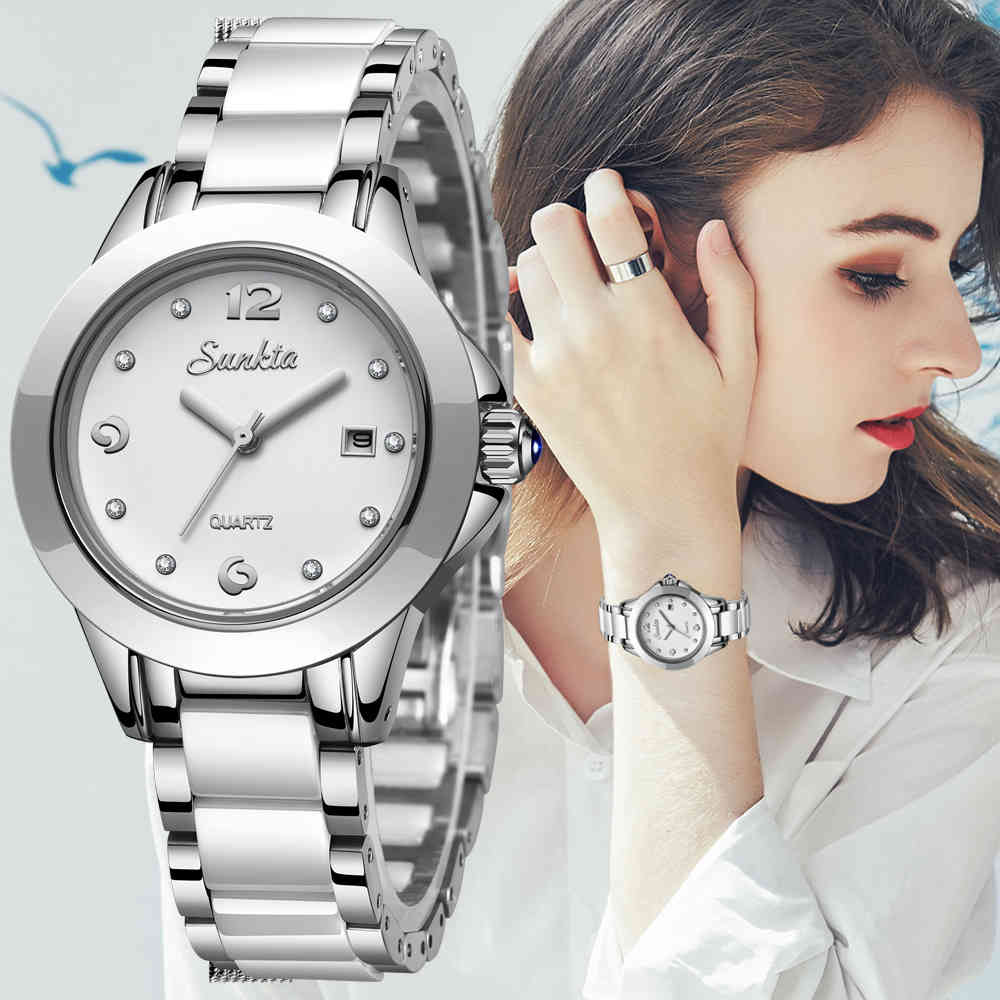 

Relogio Feminino SUNKTA Women Quartz Watch Fashion Sport Casual Ceramic Watch Female Crystal Diamond Women Watches For Women+Box 210517, Rose gold white