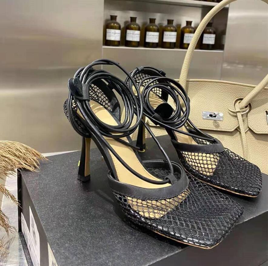 

Fishnet Women Sandals shoes High Heels Lace up Sandalias De Las Mujeres Square Toe Sandale a Talon Hollow Summer Stiletto Pumps, Green