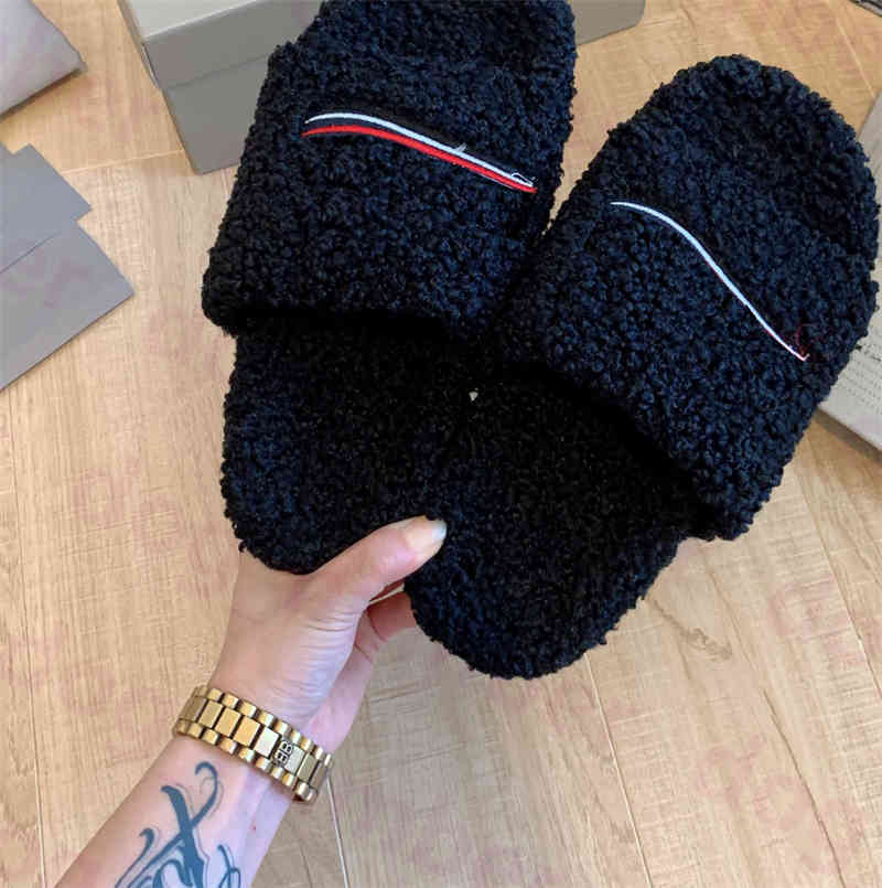 Trendy Letters Wool Slippers Womens Autumn Winter Warm Slides Comfortable Soft Fuzzy Flat Slipper Wintage Mules Bath Slide Sandals-image-728942841