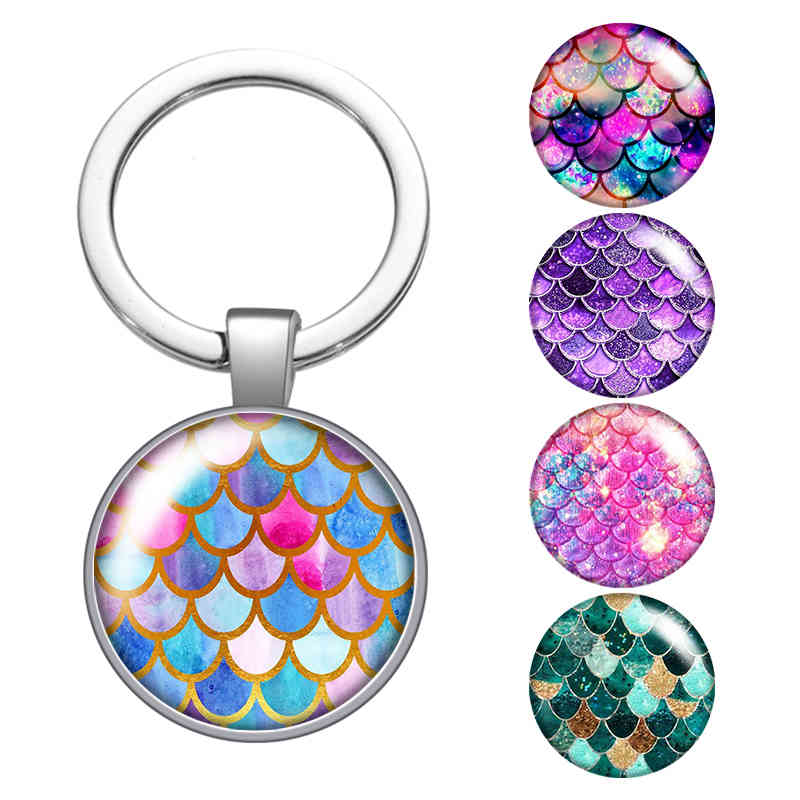 

Colorful Shinning Style Fish Scale Glass Cabochon Keychain Bag Car Key Rings Holder Silver Plated Key Chains Men Women Gifts