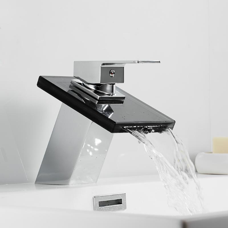 

Bathroom Sink Faucets Glass Waterfall Faucet ORB & Chrome Deck Mounted Solid Brass Wash Basin Vessel Tap Mixer