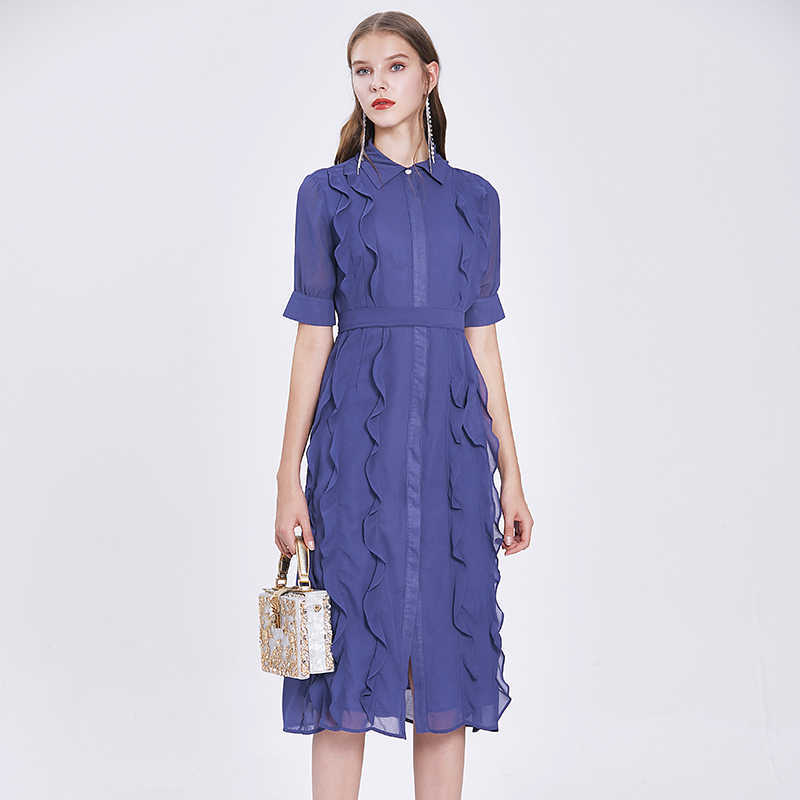 

Women Summer Designer Elegant Ruffles Chiffon High Quality Work Business Office Cocktail Party Robe Female Shirt Dress Vestidos 210525, Purple