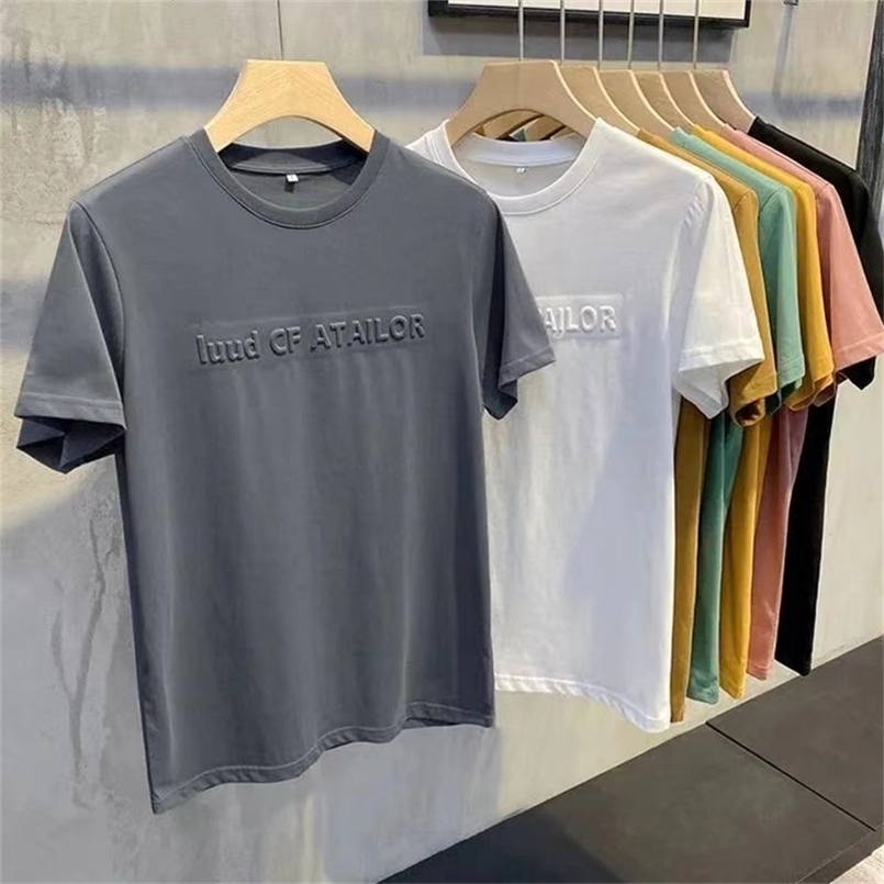 

Summer Embossed Raised Litter Printing European American Mens Tshirt Short 0-Neck Solid Color Fashion Casual Top Tees 210716, Yellow