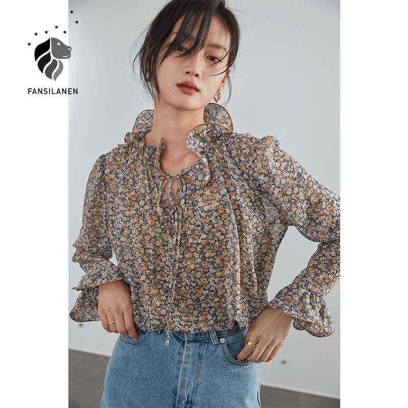 

FANSILANEN Two pieces set floral print chiffon blouse shirt Women ruffle elegant white Spring transparent sexy boho top 210607