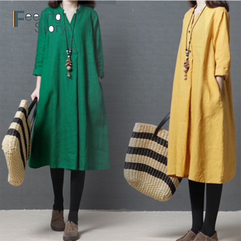 

Dress Cotton Linen Spring Women Vintage V-Neck Long Sleeve Pockets Split Baggy Oversized Solid Party Vestido 210603, Yellow