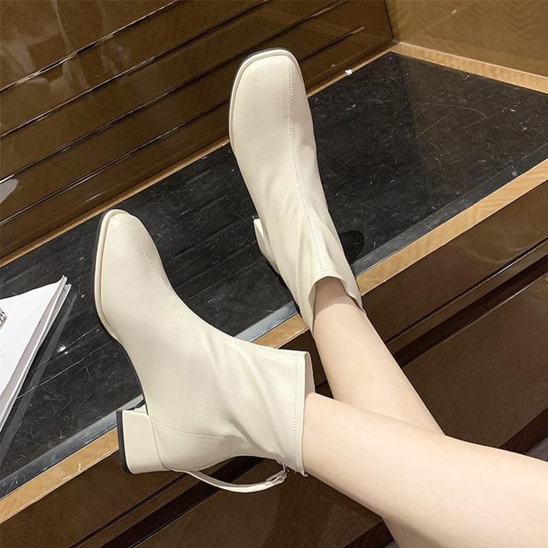 

Boots Fashion Shoe Square Toe Med Heels Female Nice Pumps Footwear Comfort Women Ankle Shoes Ladies Leather Zipper, Beige