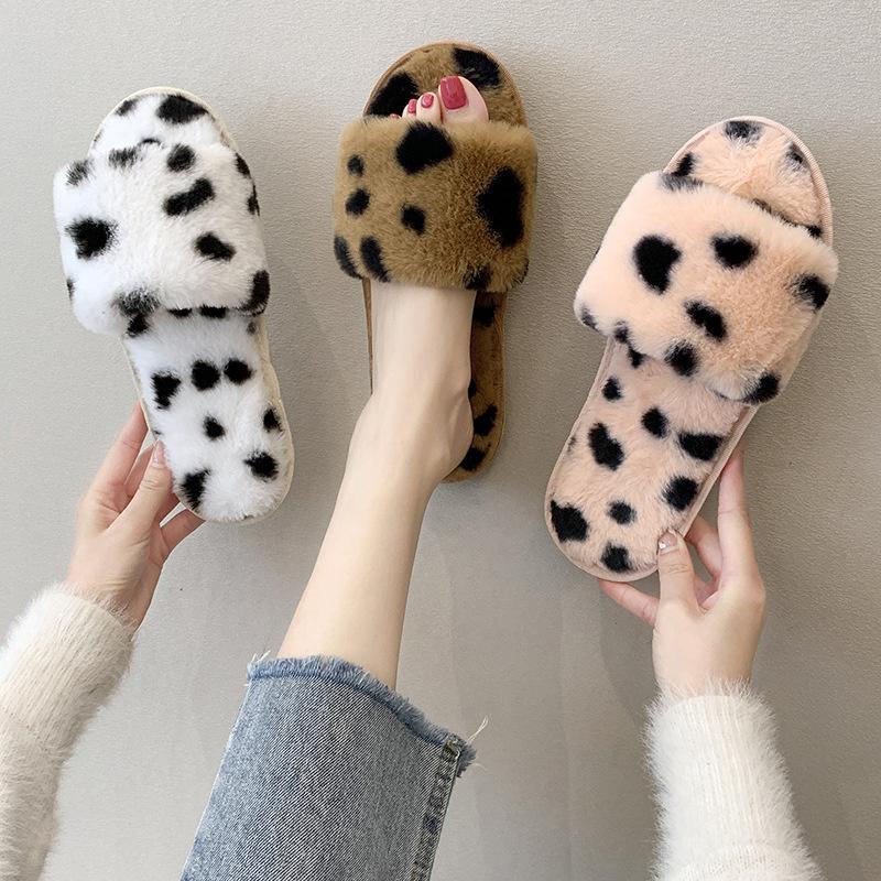 

Slippers Women's Autumn And Winter Hairy Korean Fashion Indoor Flat Bottom Leopard Print Warm Cotton Slipper Women Floor Shoes, Brown