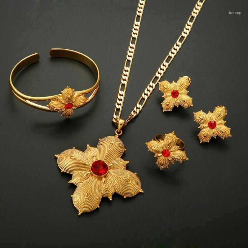 Earrings & Necklace Red Blue Green Crystal Stone 24k Gold Color African Ethiopian Eritrean Habesha Women Jewelry Sets-image-745067969