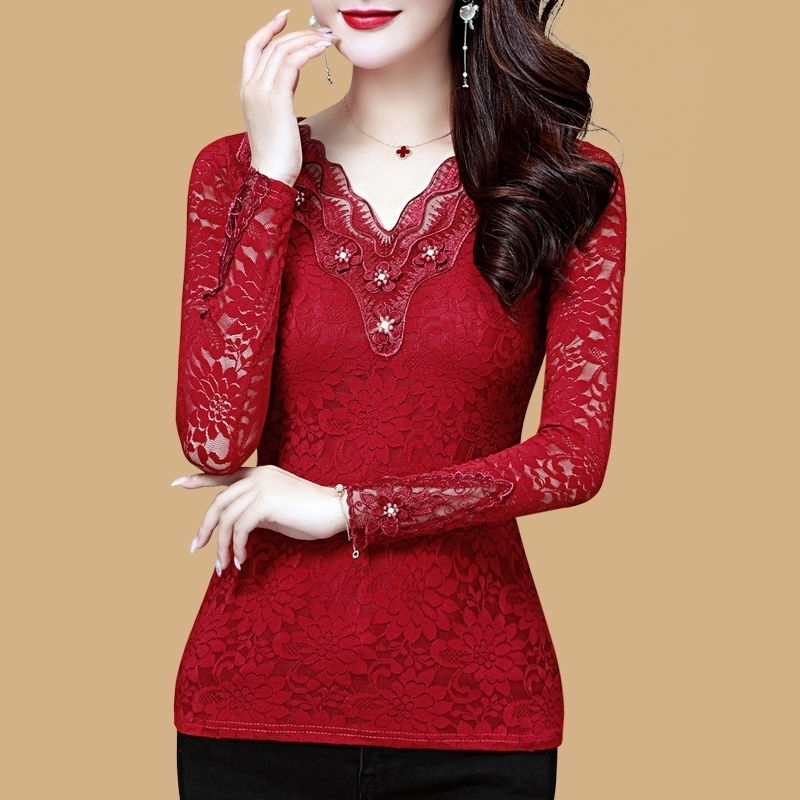 Women Spring Autumn Style Slim Lace Blouses Shirts Lady Casual Long Sleeve V-Neck Flower Printed Lace Blusas Tops DD8198 210317