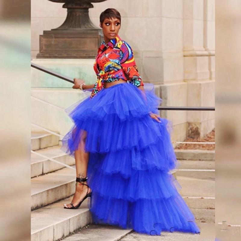 

Skirts Royal Blue High Low Tulle Chic Ruffle Puffy Elastic Waist Maxi Skirt Tiered Long For Women Jupe Femme, Beige