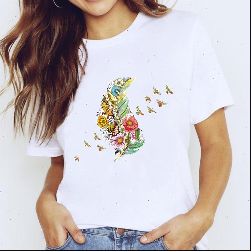 

feather floral fashion 90s women t shirt cute printing clothing graphic tee, White