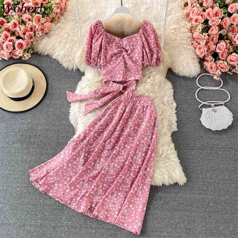 

Women Chiffon 2pcs Set Summer Sexy V-Neck Short Sleeve Bandage Tops + High Waist Ruffle Long Skirt Fashion Suit 210519, Blue