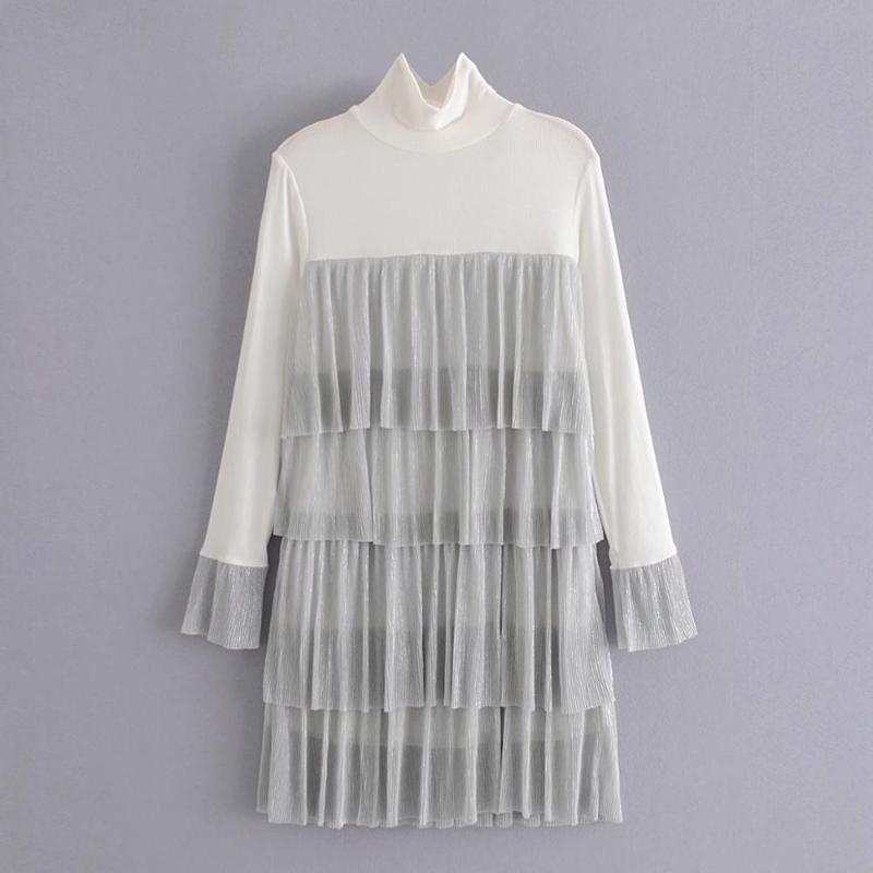 

Casual Dresses Cascading Ruffle Dress Women Long Flare Sleeve High Waist Mini Vintage Party Turtleneck Vestidos Mujer, Silver