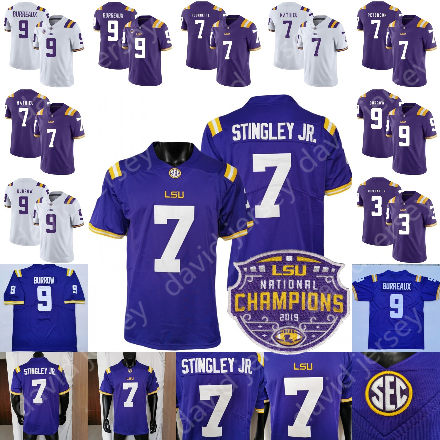 

LSU Football Jersey Derek Stingley Jr. 2020 Champions Playoff College Joe Burrow Burreaux Nickname Beckham Delpit Mathieu White Purple Home Away, 7 tyrann mathieu