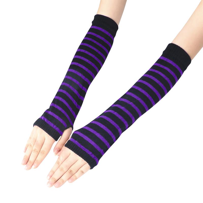 

Five Fingers Gloves Unisex Long Fingerless Arm Cover Striped Cotton Wrist Sleeves Warmer Sleeve Knitted Womens, Blue;gray