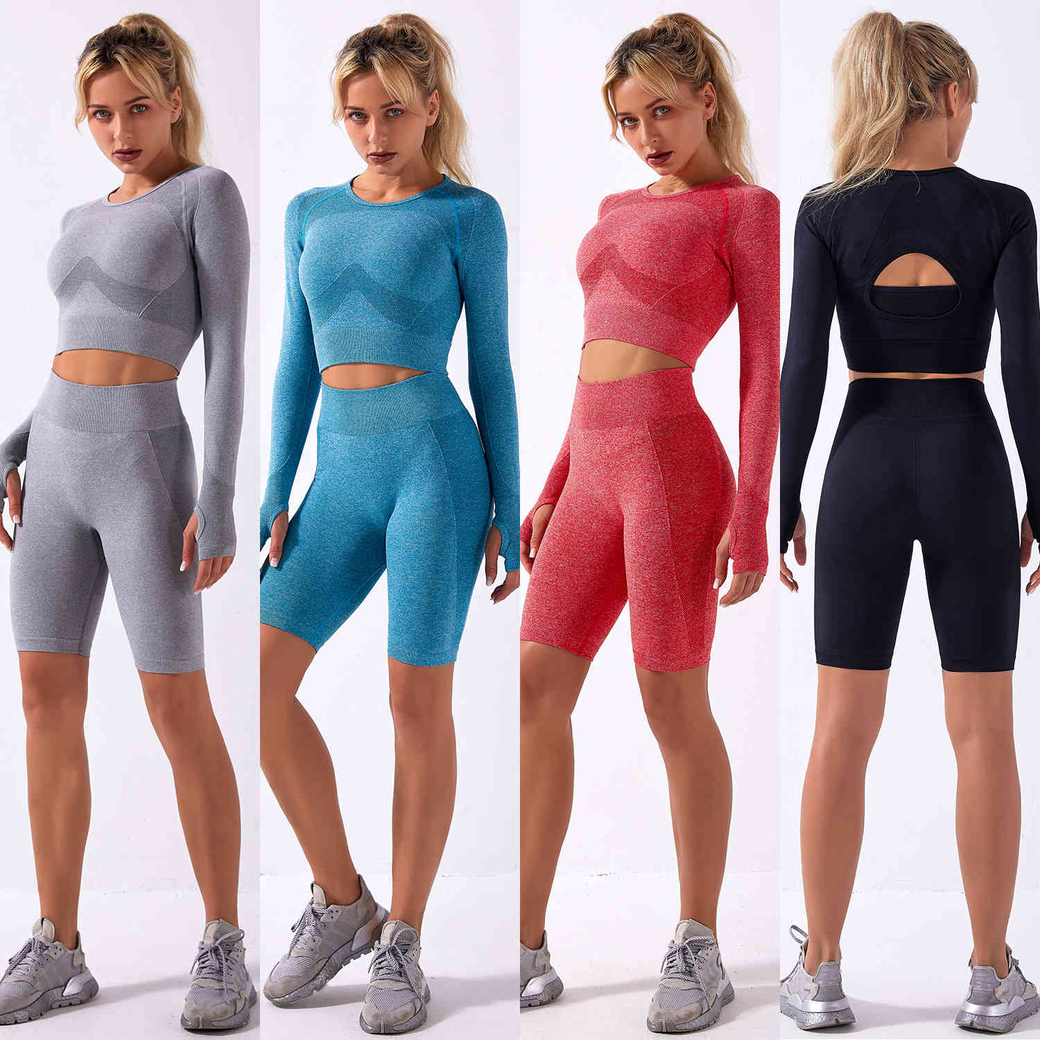 

Outdoor Indoor Exercise Fitness Suit2021 shark knitted seamless Yoga suit two piece set explosive lift breathable hip High Waist Shorts, Long sleeve + shorts sky blue