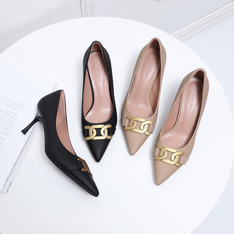 

Spring Fashion Women Chain Buckle Shoes High Heel Brand Design Sexy Point Toe Ladies Career Work Heels 6.5CM Dress, Black
