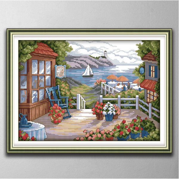 

Terrace with blooming flowers decor paintings ,Handmade Cross Stitch Craft Tools Embroidery Needlework sets counted print on canvas DMC 14CT /11CT