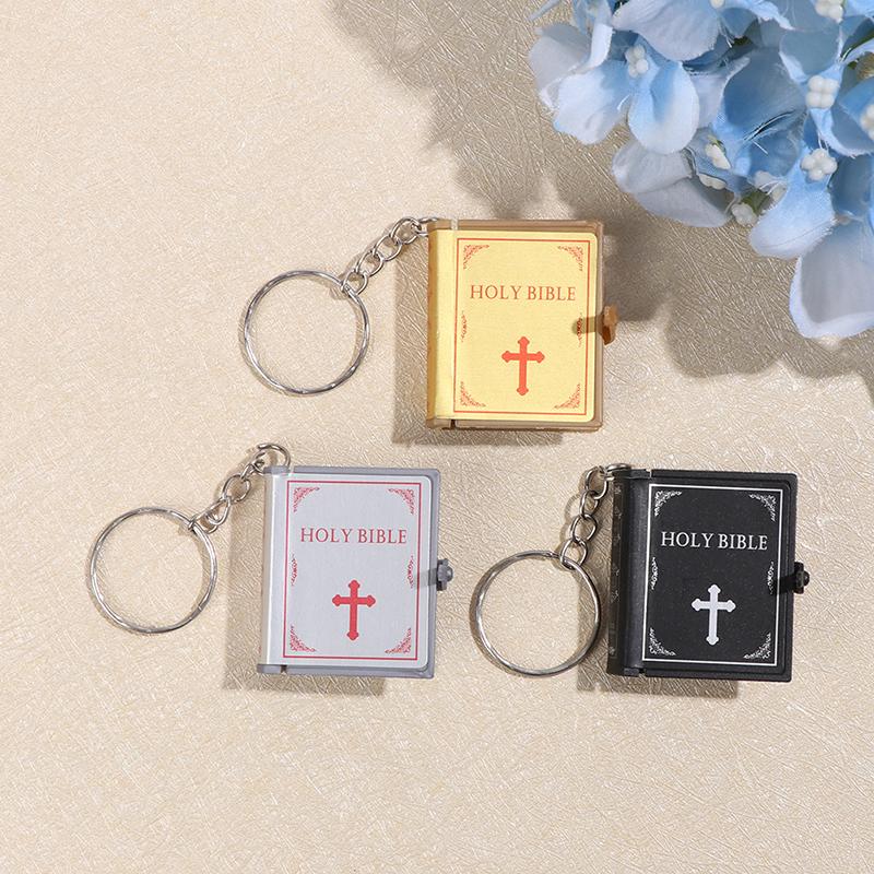 

Keychains Mini Cute English HOLY BIBLE Religious Christian Cross Keyrings Holder Car Key Chains Rings Charm Bag Gifts