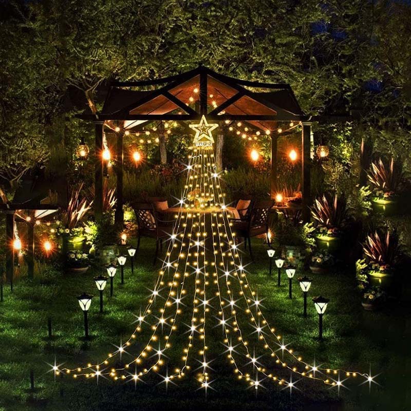 

LED Five-Pointed Star Waterfall Lights Christmas Hanging Tree Rooftop Decoration Meteor Lights for Outdoor Courtyard Remote Control Solar Powered