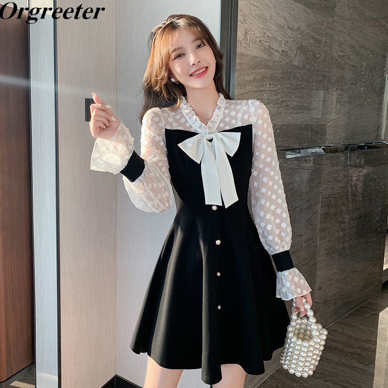 

Korean Patchwork Short Dress Women Spring Temperament Ruffles V-neck Bowknot Print Chiffon Splicing Black 210525