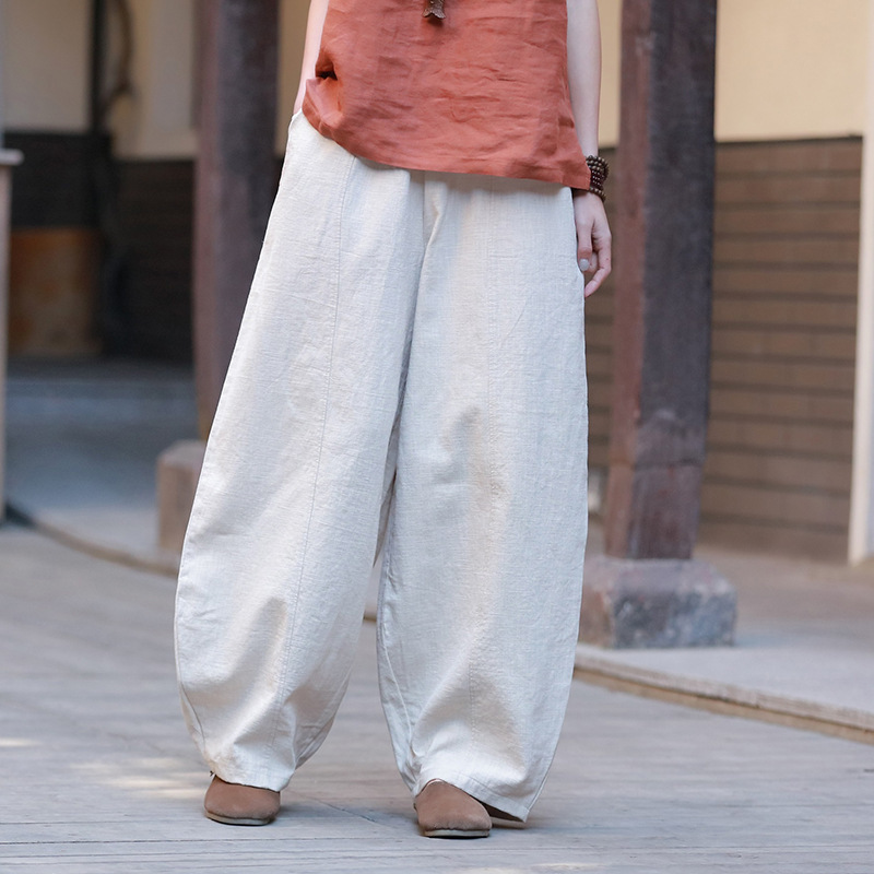 

Johnature Wide Leg Pants Women Cotton Linen Elastic Waist Trouser Spring Vintage 9 Color Casual High Quality Pants 210521, Beige