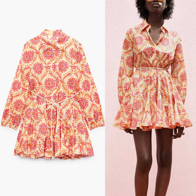 

ZA Blue Print Belt Shirt Dress Women Elegant Long Sleeve Summer Mini Dresses Female Fashion Flounced Hem Vestidos 210602