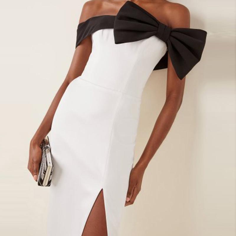 

Casual Dresses High Street White Patchwork Off Shoulder Bow Sleeveless Midi Bandage Dress Elegant Sexy Slim Split Backless Evening Party Dre