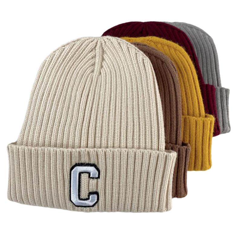 

Beanies Brand Trend C Letter Embroidery Knitted Cap Unisex Cotton Pullover For Couples Skullies Solid Winter Woollen Hat
