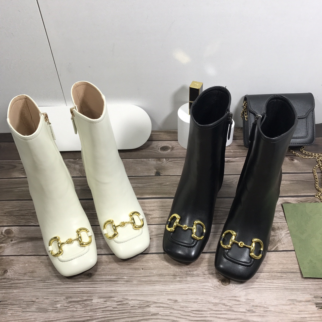 

Autumn and winter fashion show womens buckle letter boots platform designer boot cowhide leather black thick heel woman high heels Bootss Size 34-40