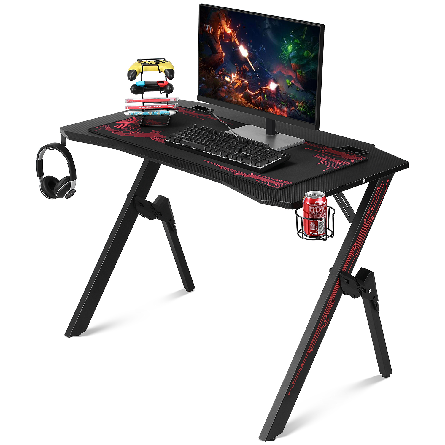 

Gaming Table Ergonomic Computer Desk K-Shaped Gamer Workstation Bedroom Furniture with Mouse Pad, Cup Holder, Controller Stand and Headphone