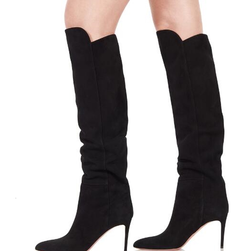 

boots winter female brand solid black fashion pointed toe stiletto heel slide in knee long boots higher size 45 vul1